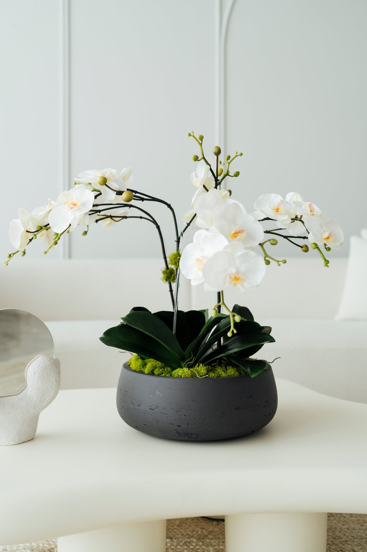 Soie Amour artificial flower Orchids in Medium Dark Gray Vase