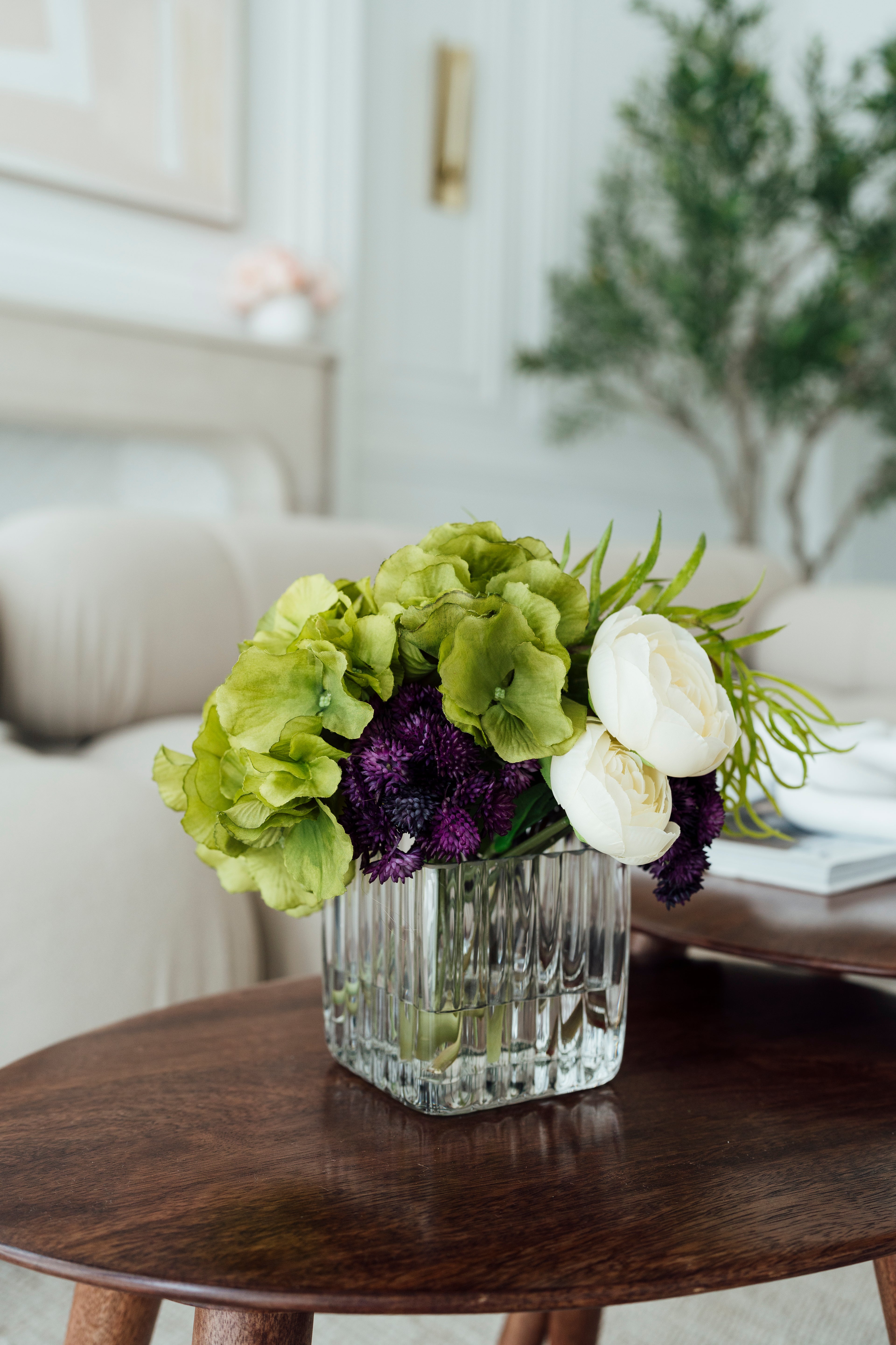 Soie Amour fake flower Sedum Mixed of Ranunculus and Hydrangea arrangement