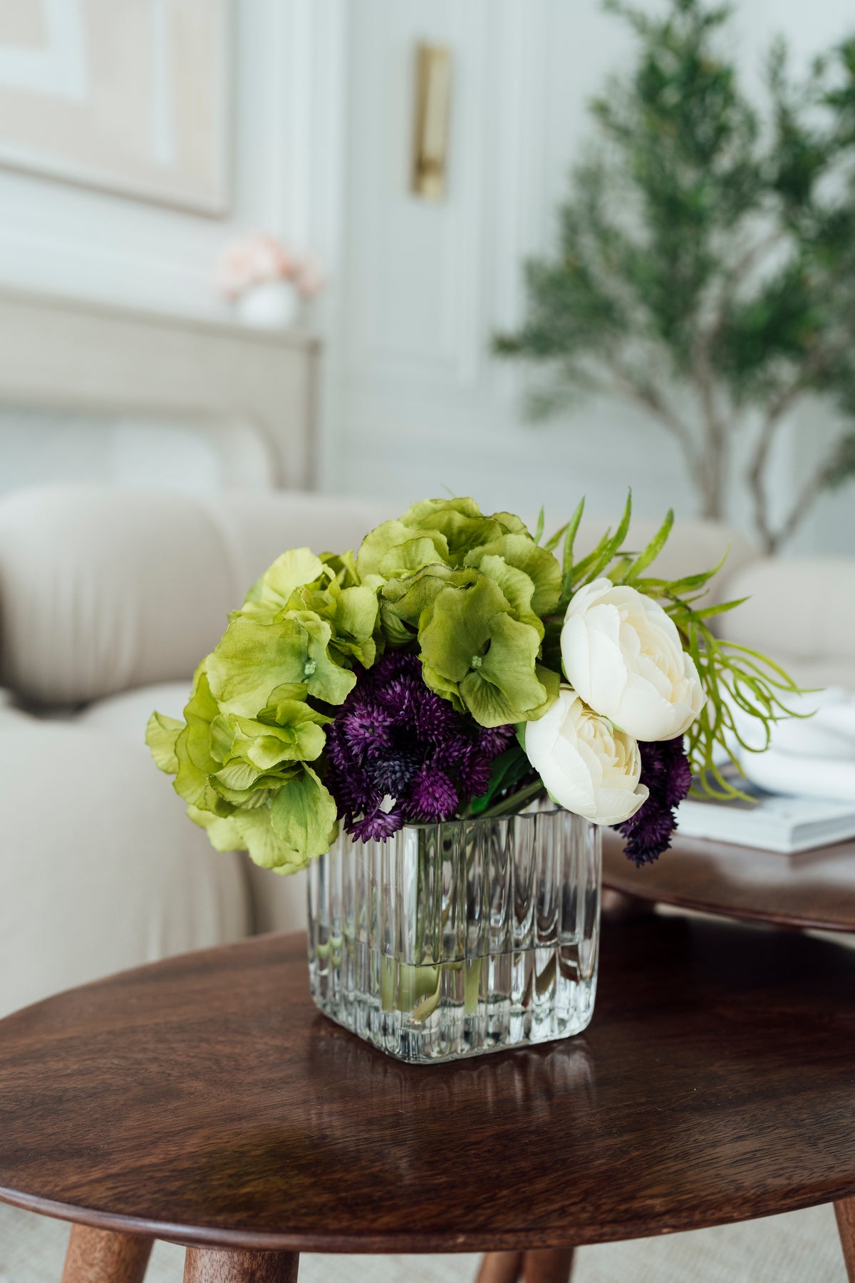 Soie Amour fake flower Sedum Mixed of Ranunculus and Hydrangea arrangement