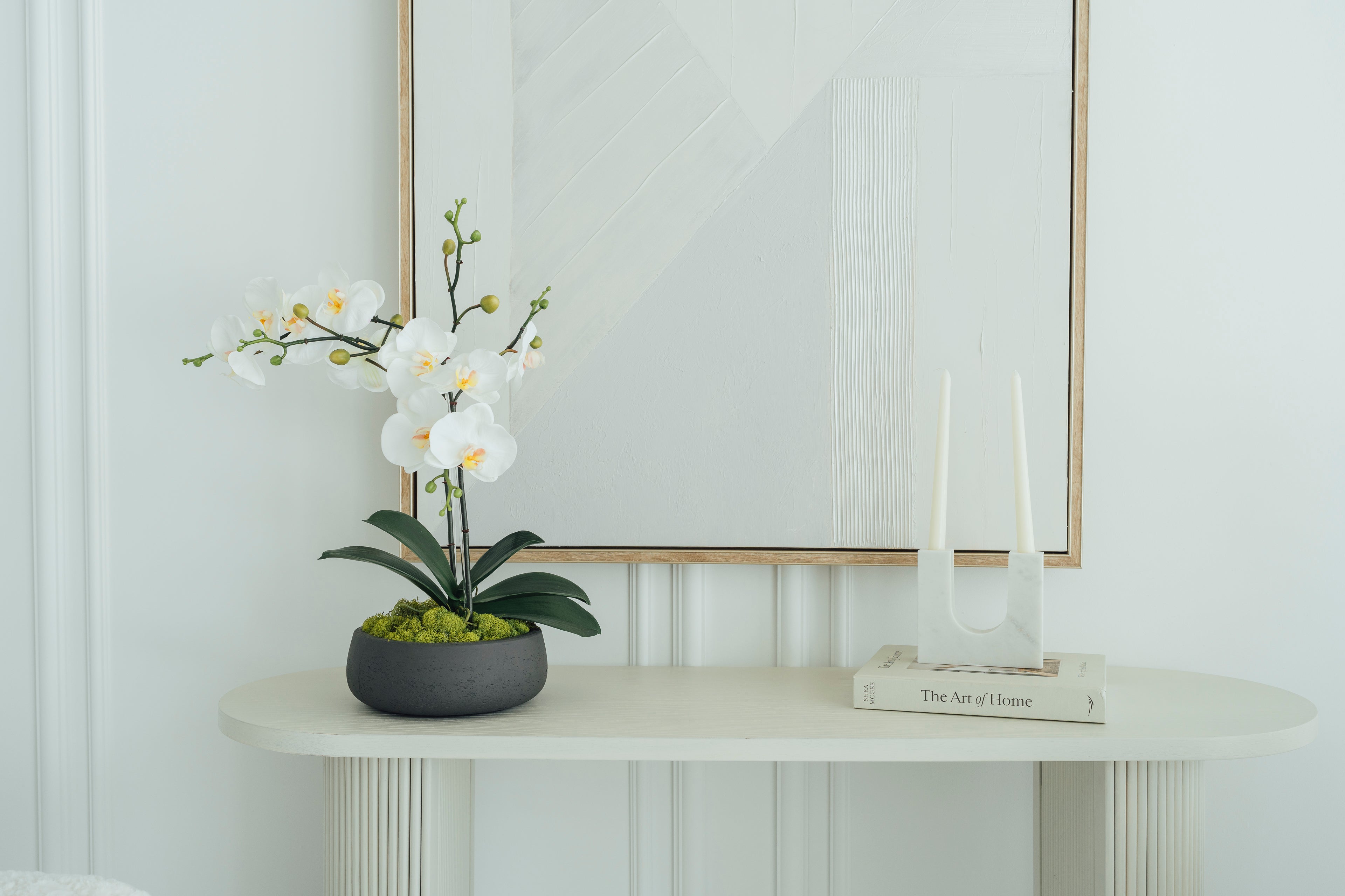 Soie Amour fake flowers White Orchids in Dark Gray Cement Vase with lifelike blooms