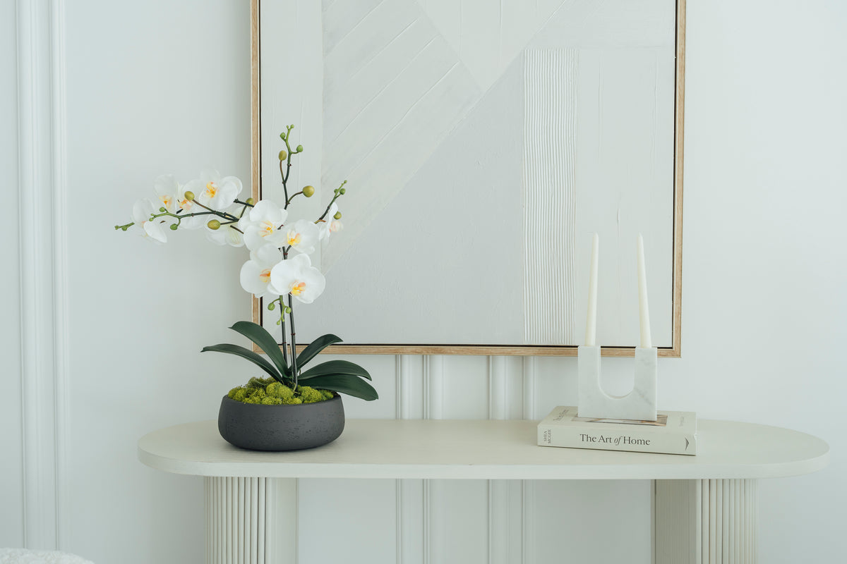 Soie Amour fake flowers White Orchids in Dark Gray Cement Vase with lifelike blooms