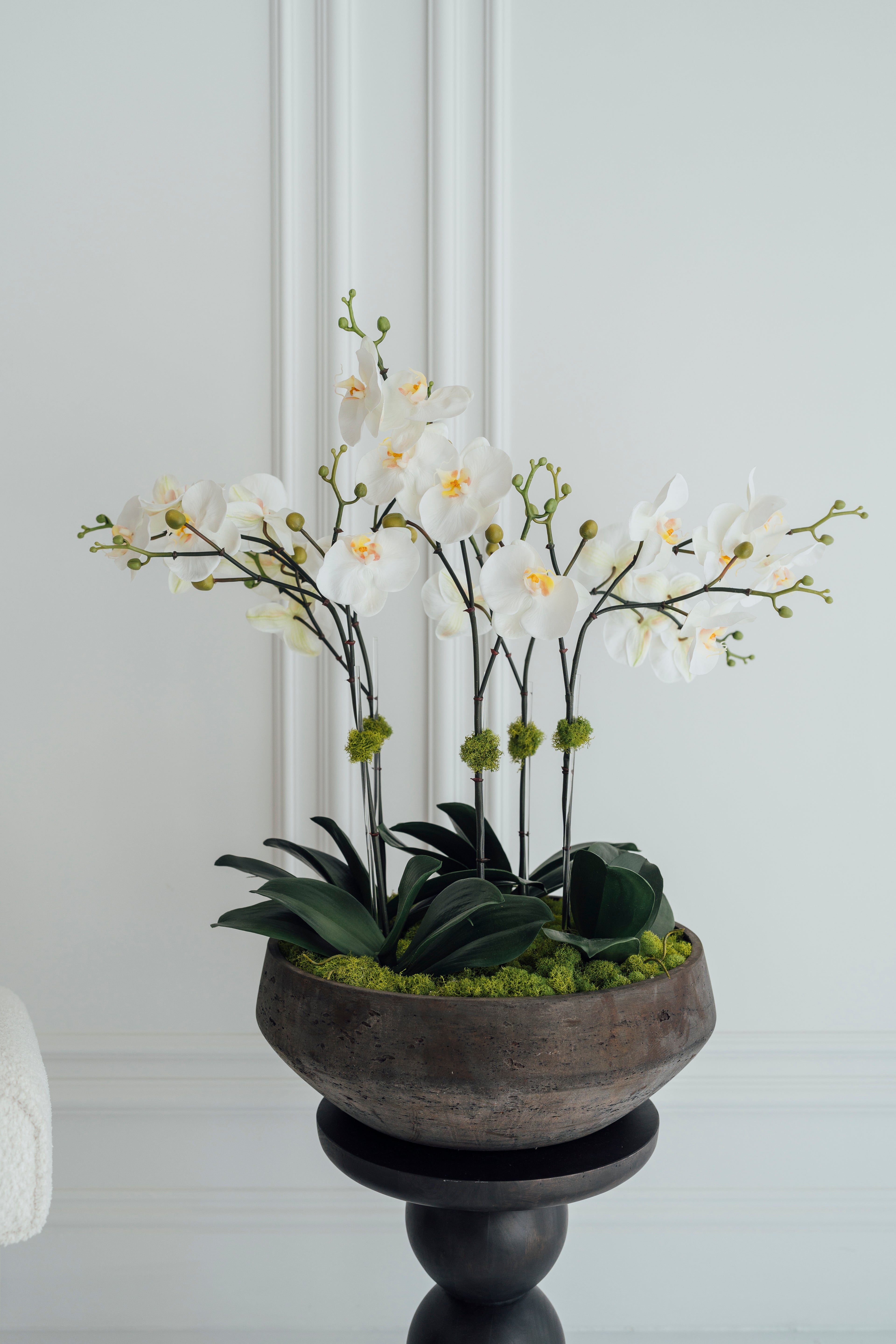 Soie Amour fake flowers XL Orchids in Rustic Vase for grand interior spaces