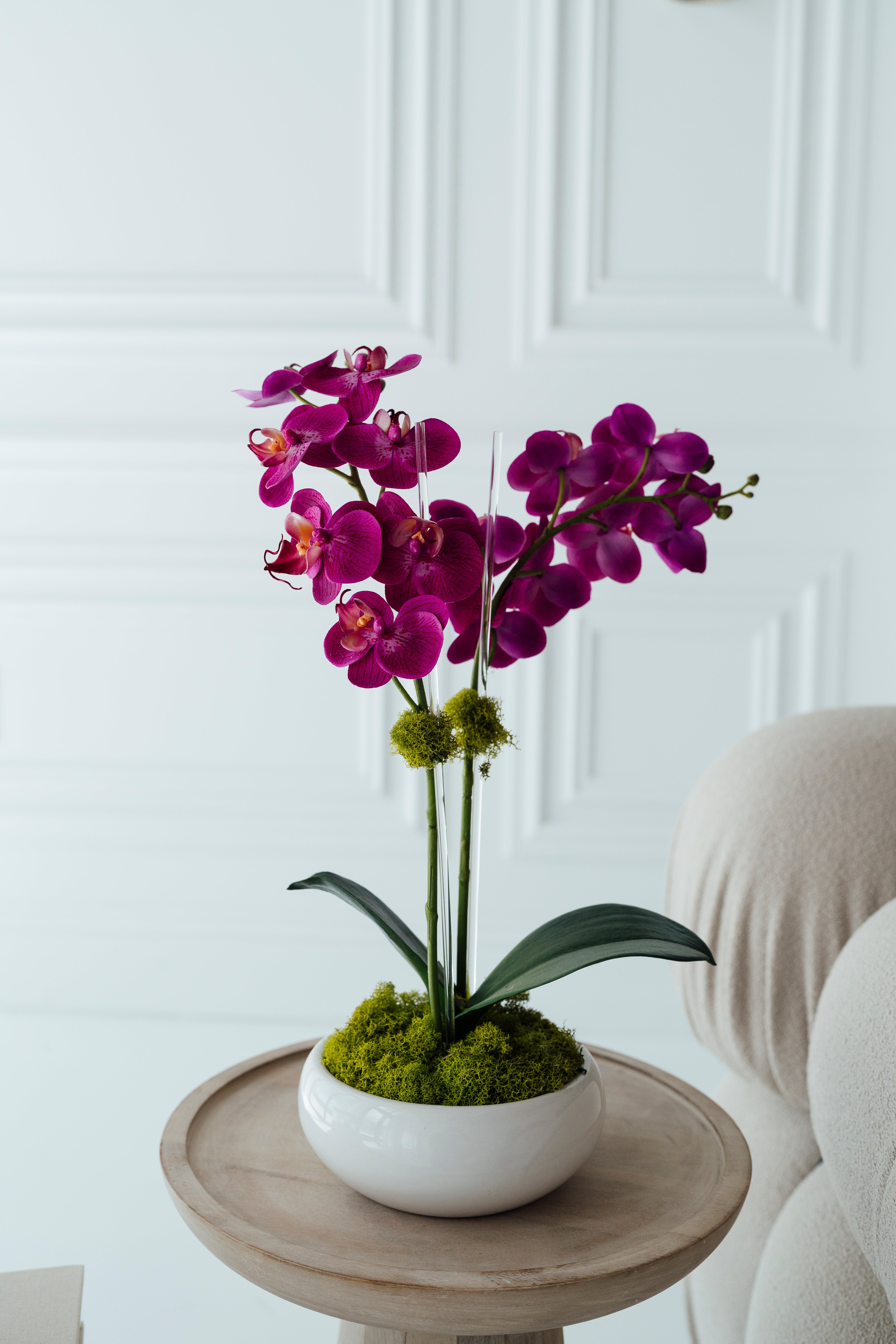 Soie Amour faux flower Mini Size Fuschia Orchids arrangement in a white pot
