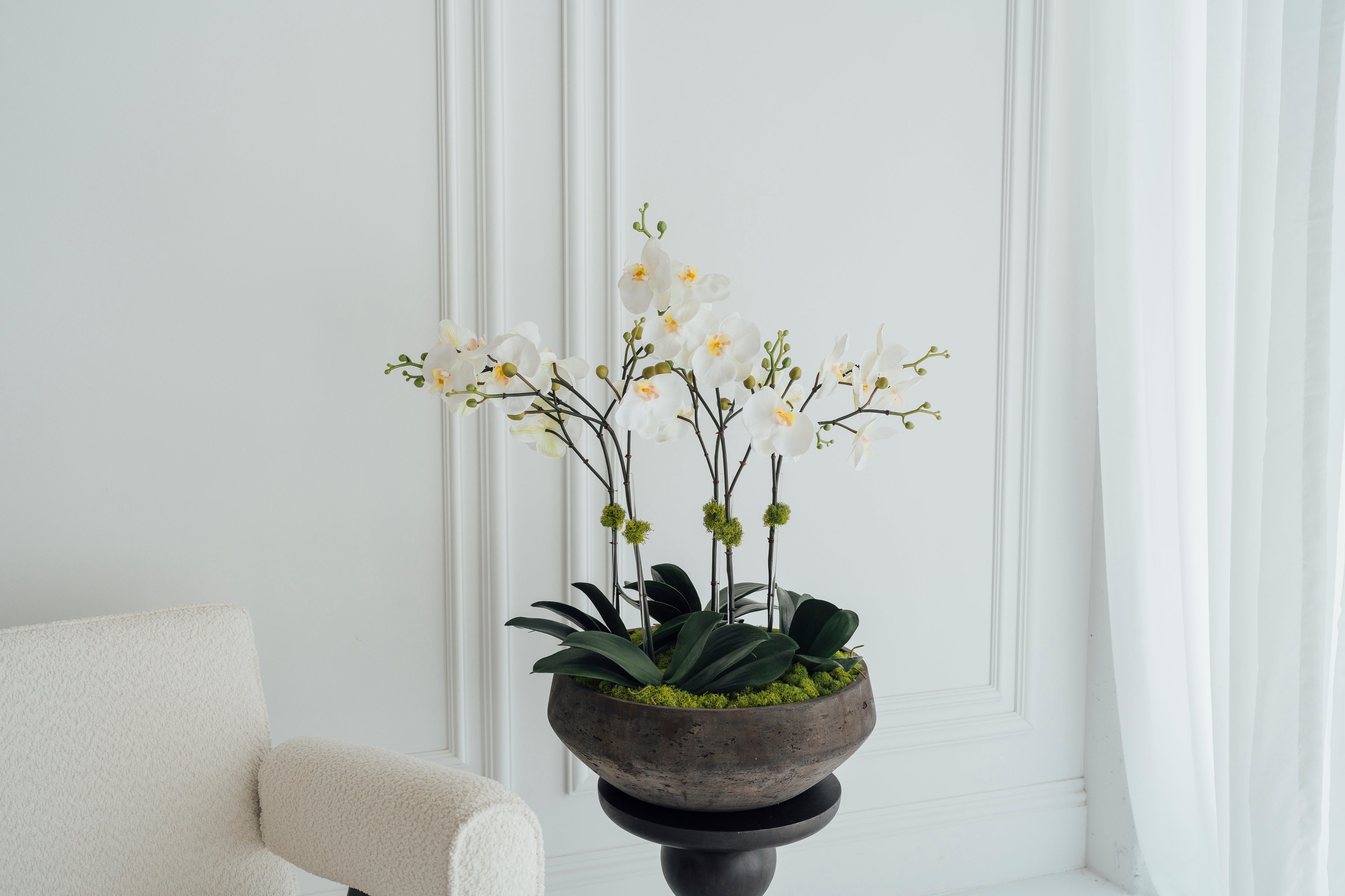 Soie Amour faux flowers XL Orchids in Rustic Vase with cascading white orchids