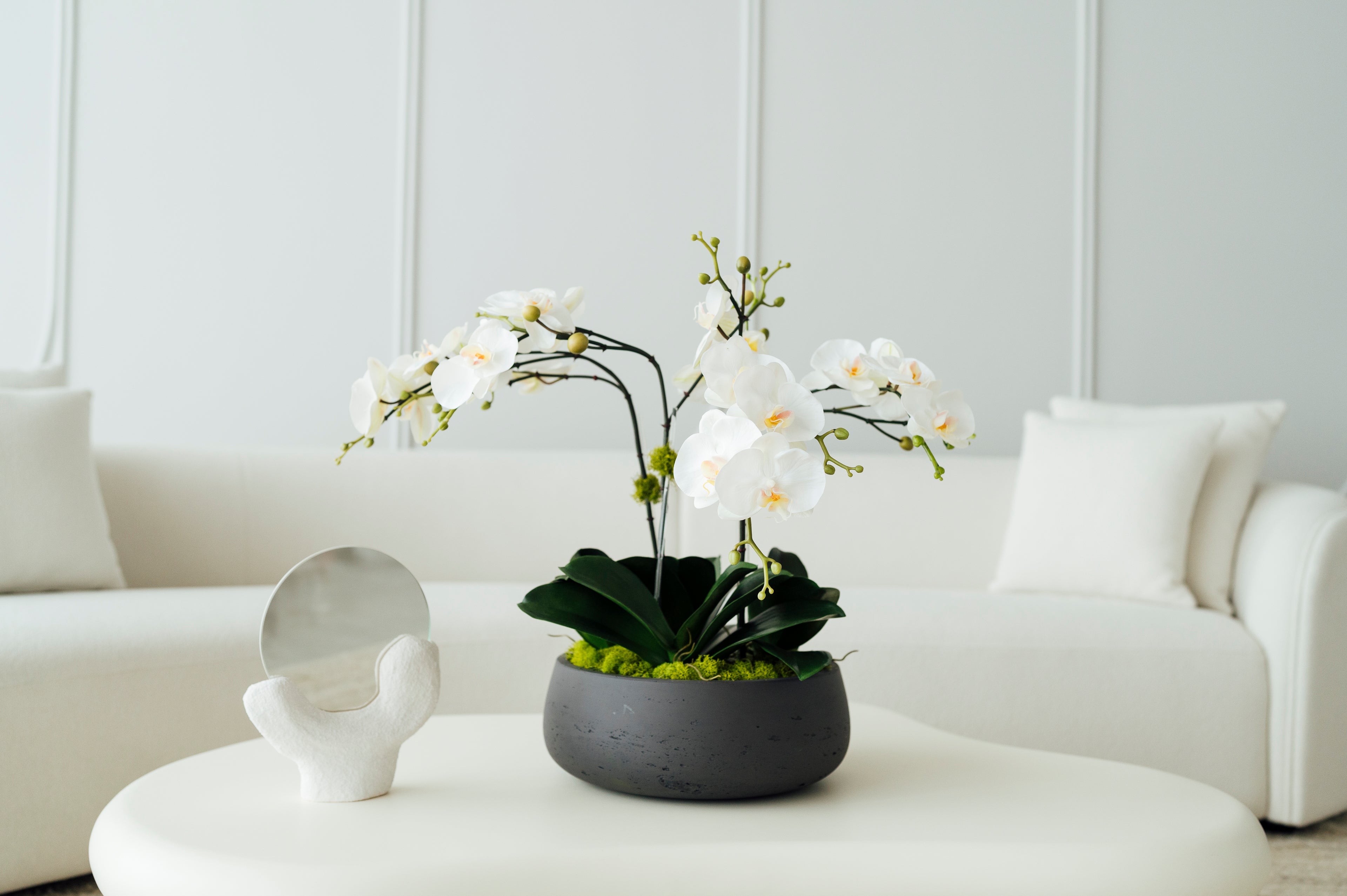 Soie Amour silk flowers Orchids in Medium Dark Gray Vase for elegant interiors