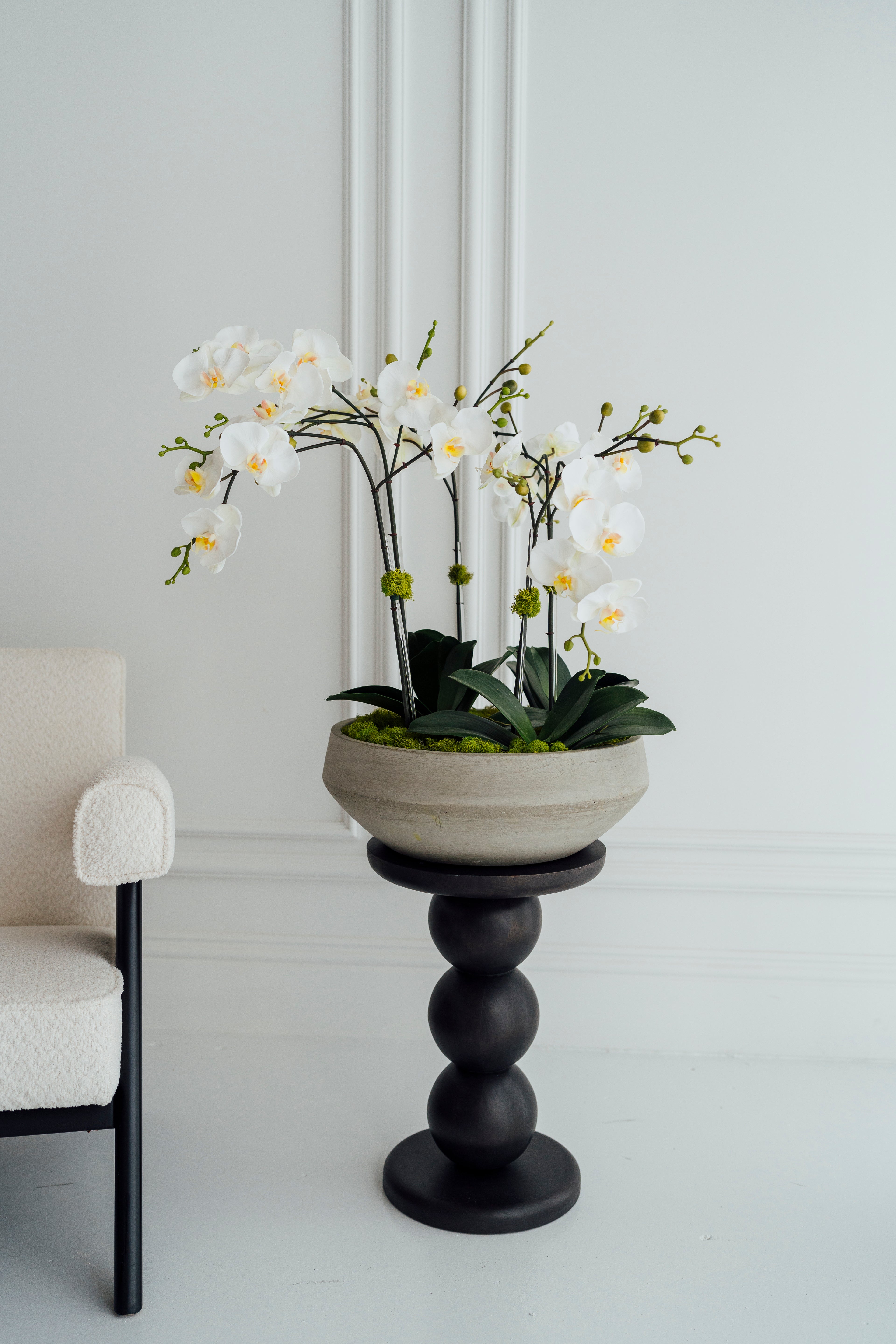 Soie Amour silk flower XL Orchids in Cement Vase for sophisticated interiors